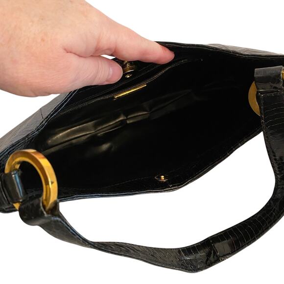 Vintage J Renee black snakeskin top handle purse classic 1980's hobo shoulderbag - Picture 5 of 8
